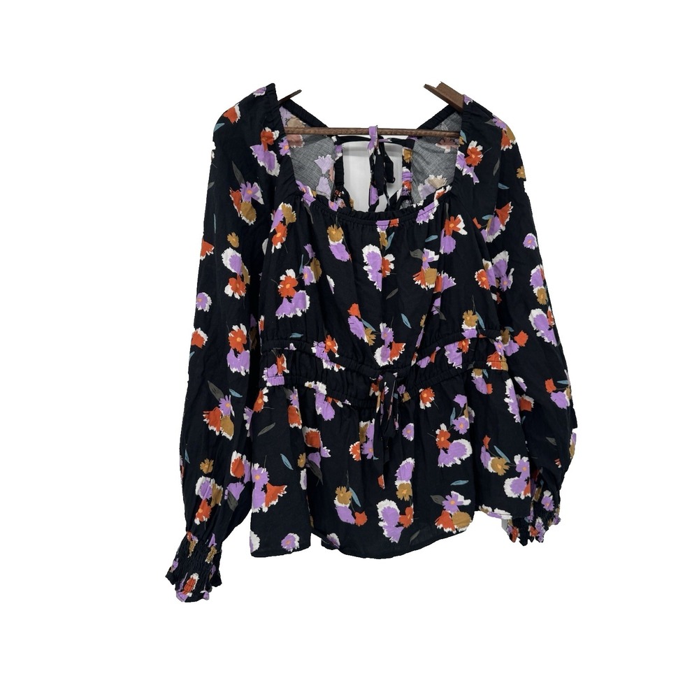Ava & Viv Blouse 1X Black Purple Floral Long Sleeve Cotton Plus Cottagecore Boho